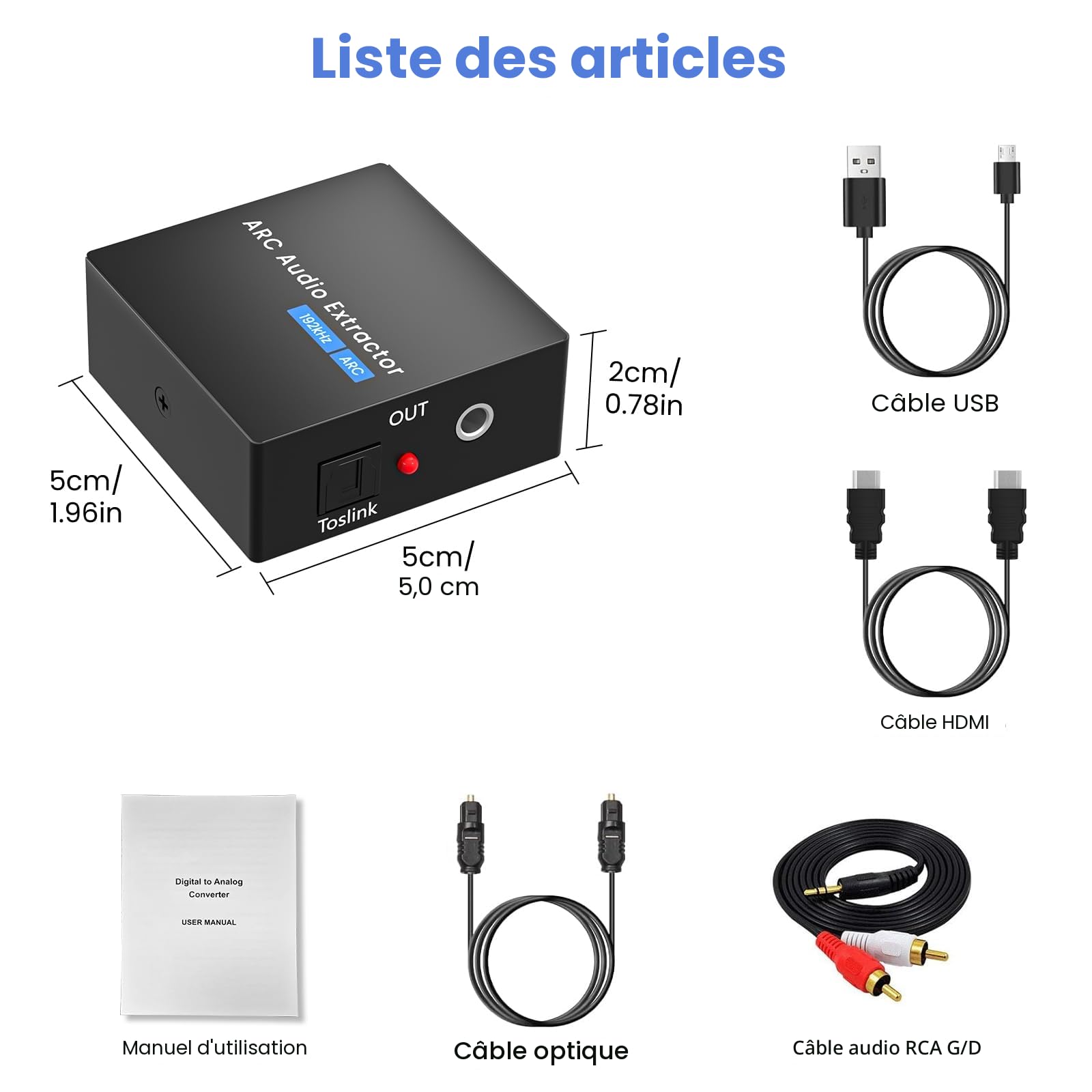 Extracteur Audio ARC 192 kHz, Adaptateur HDMI ARC Optique avec Câbles Optiques 3,5 mm, Convertisseur DAC pour Chaînes Stéréo et Amplificateurs