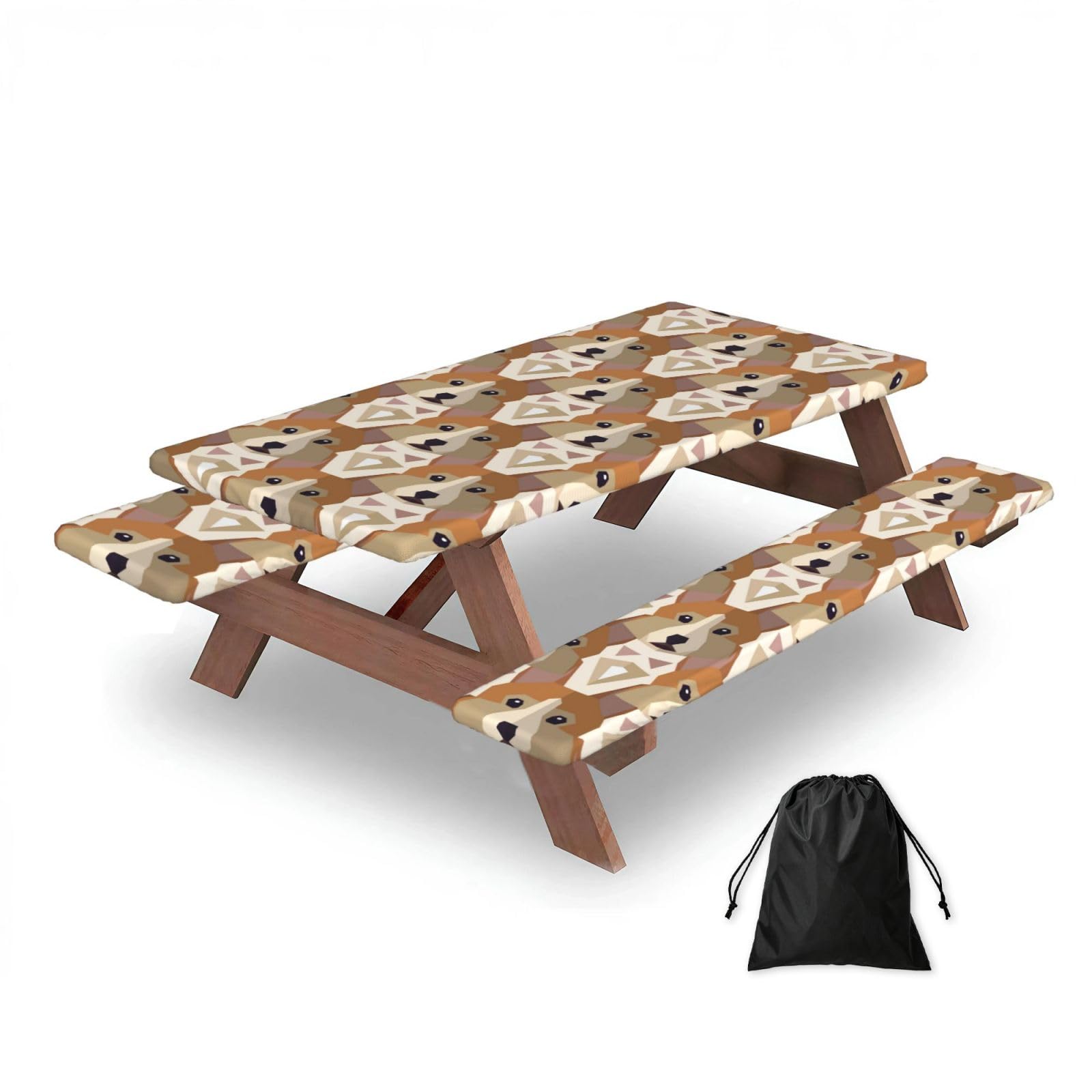 Dopklna As Picture Welsh Corgi Head Pattern, Picnic Table Cover With Bench Covers -Waterproof Elastic Fitted Tablecloth For Garden Camping Patio 76X152cm