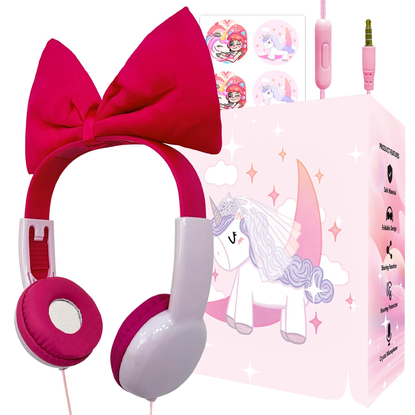 charlxee Priness Bots Wired Kids Headphones with Mic for School/Travel,95dB Volume Limited,Shareport,On/Over Ear Bow Headsets with Nylon Cable (Rose)