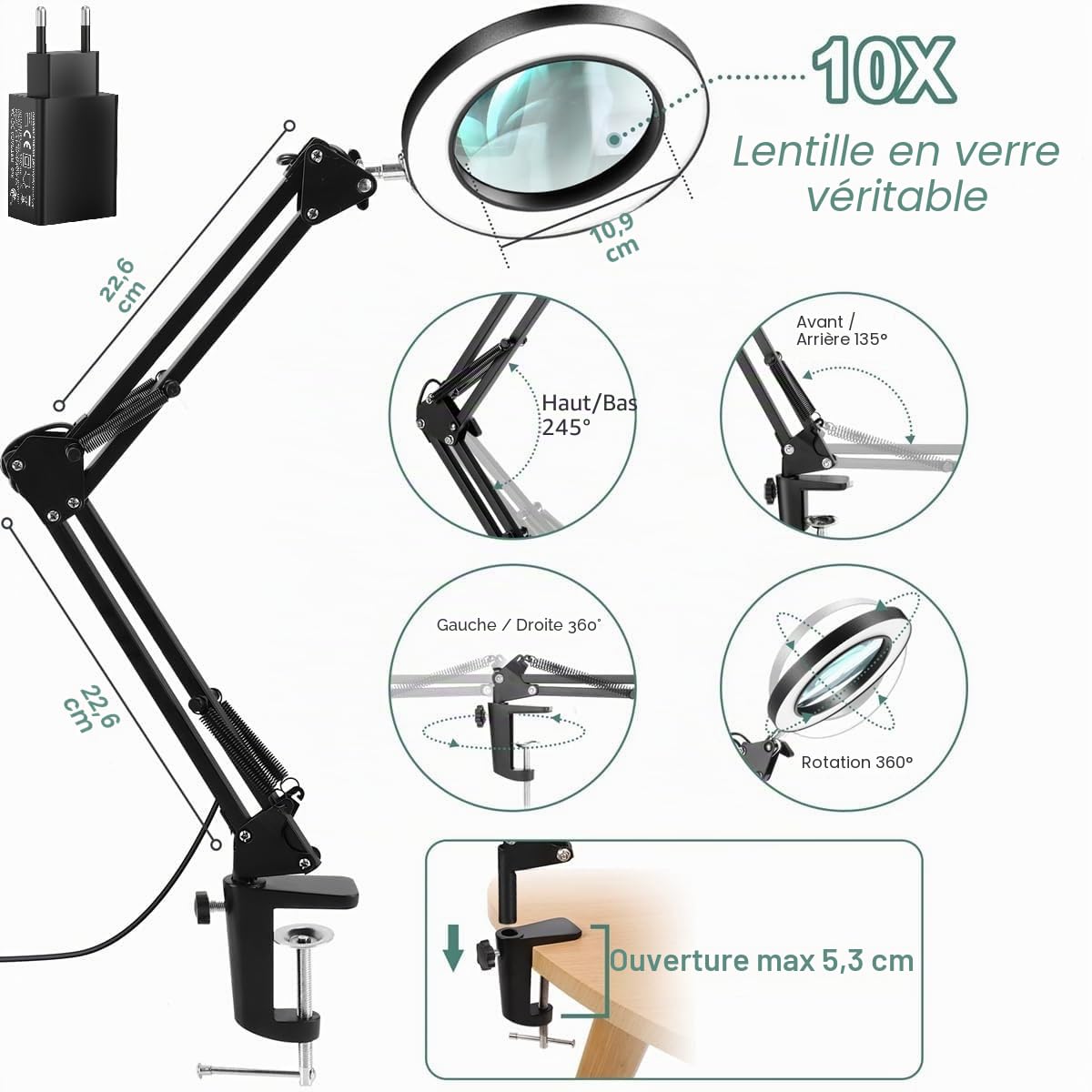Lampe Loupe de Bureau avec LED 10X, Bras Pivotant Réglable, Pince Métal, 3 Modes Couleur, 10 Niveaux Luminosité