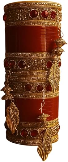 Red Bridal Chura Set with Kalire for Women – Punjabi Wedding Chooda Bangles with Gold Finish, Stone Work &amp; Hanging Leaf Ch...