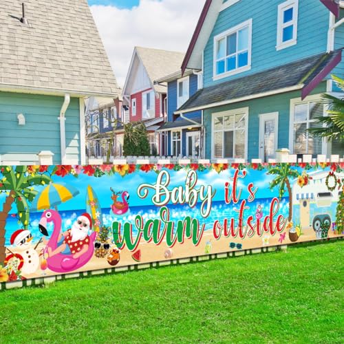 Summer Christmas Banner Decorations Baby It’s Warm Outside Banner Summer Christmas Yard Sign with Beach Snowman Santa for Christmas Hawaiian Luau Party Decorations