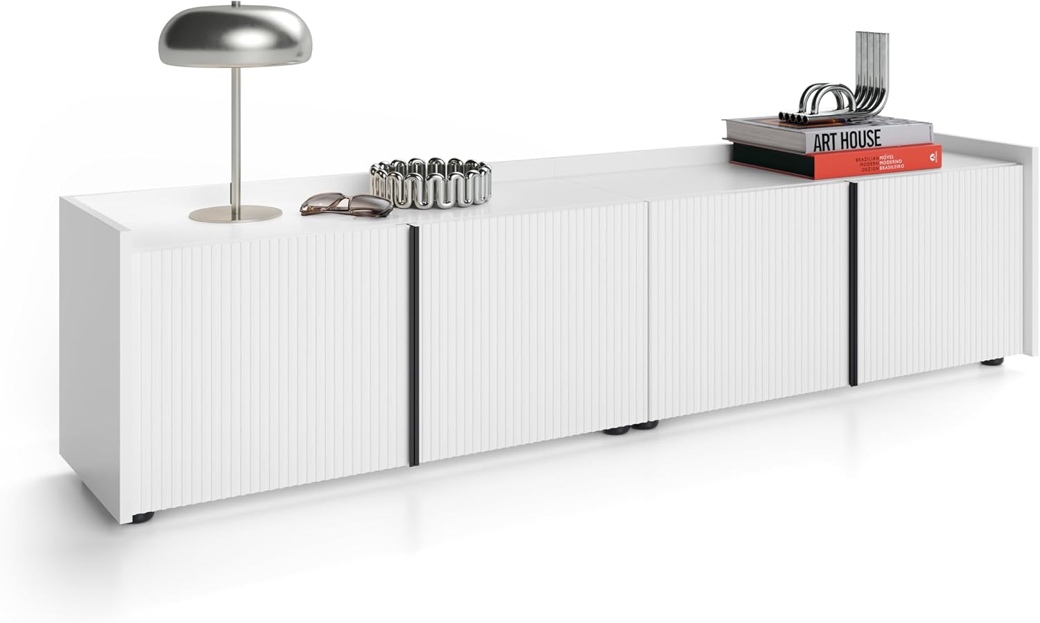 Mobili Fiver, Romina Low Fluted Sideboard (72.3x14.2x17.3 in), 4 Doors, Opaque White, Made in Italy