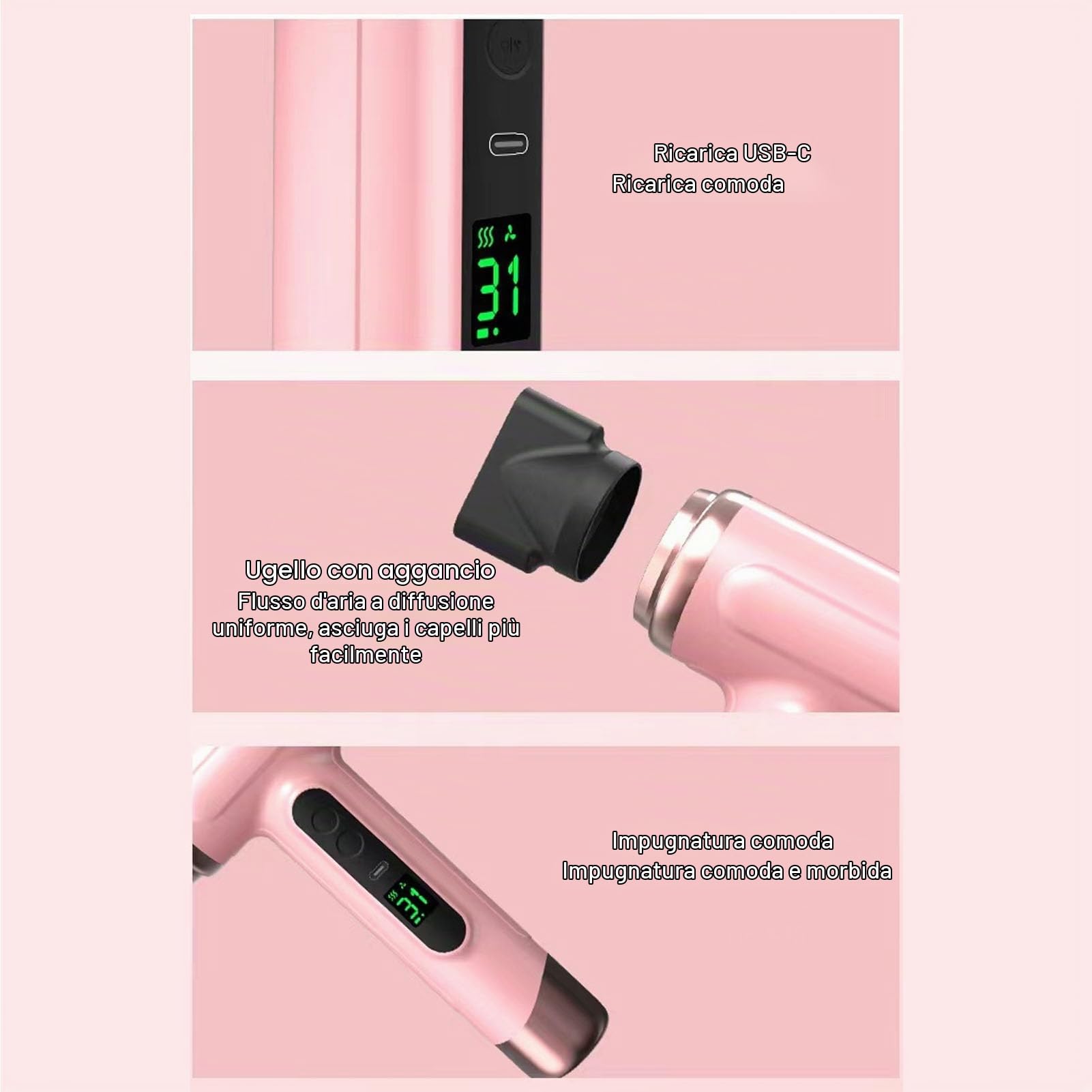 Asciugacapelli Professionale Agli Ioni Negativi, 15000mAh USB Ricaricabile Motore Brushless Asciugacapelli, Asciugacapelli da Viaggio Portatile con Vento Caldo e Freddo per Dormitorio, Casa