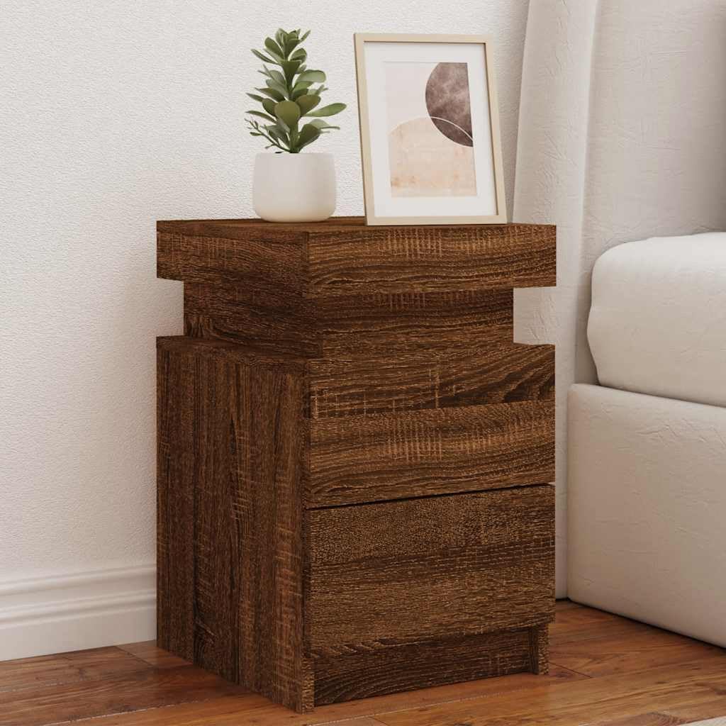 Stolik nocny z diodami LED, brązowy wygląd dębu, 35 x 39 x 55 cm, nowoczesny stolik pomocniczy do sypialni, salonu, stabilny materiał drewnopochodny