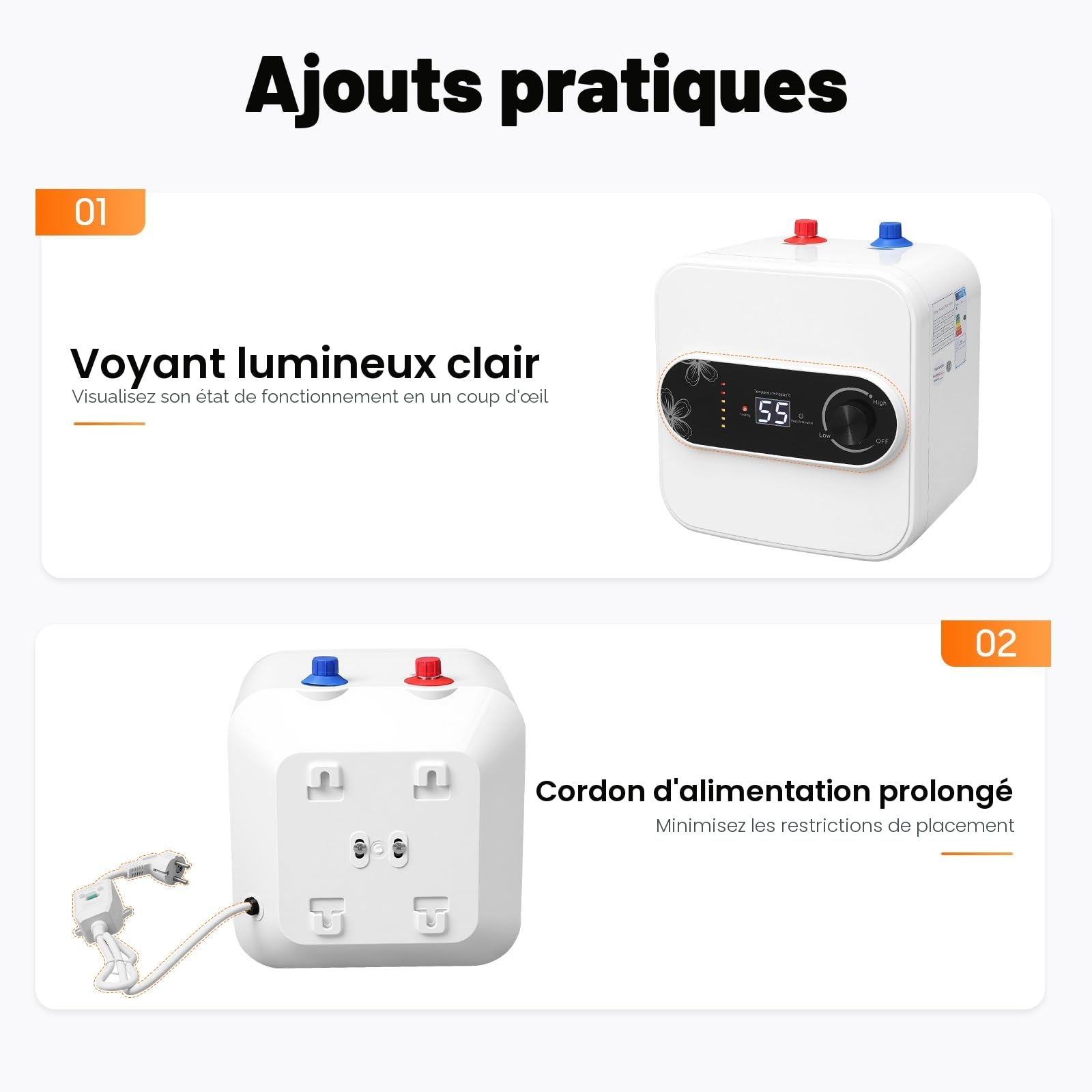 Chauffe-eau sous évier 8 l - Chauffe-eau électrique - 1500 W 220 V - Chauffe-eau sous évier 30-65 °C - Pour lavabo, cuisine, salle de bain