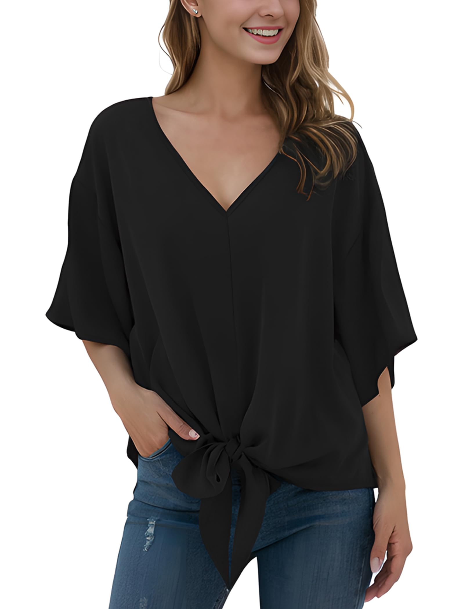Anelune Damen Chiffon Bluse zum Knoten, Sommer Kurzarm Oberteile | V-Ausschnitt Tunika, Elegant Tops, Loose Casual T Shirts, Tie Front Bluse mit Trompetenärmeln