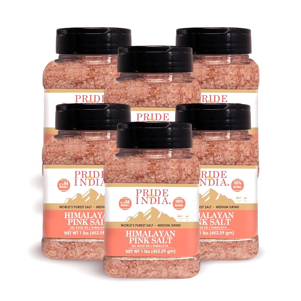 Pride Of India - PACK of 6 - Dark Himalayan Pink Salt - Enriched w/ 84+ Natural Minerals, Medium Grind 2-3mm - 1 Pound (16 oz) Dual Sifting Jar - Great for Grinders, Best for Kitchens & Restaurants
