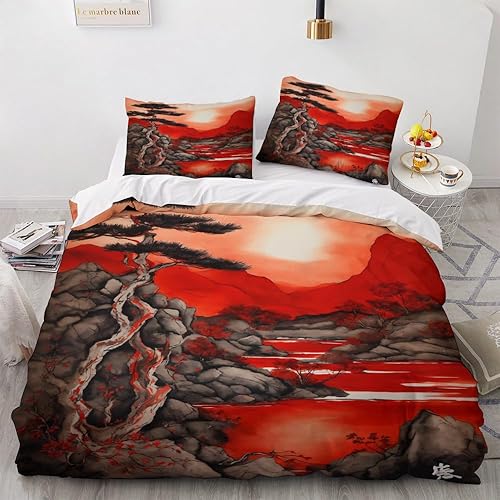 OmErsa Nature - Funda de edredón tamaño individual, juego de ropa de cama chino de 3 piezas, funda de edredón con estampado de microfibra suave con