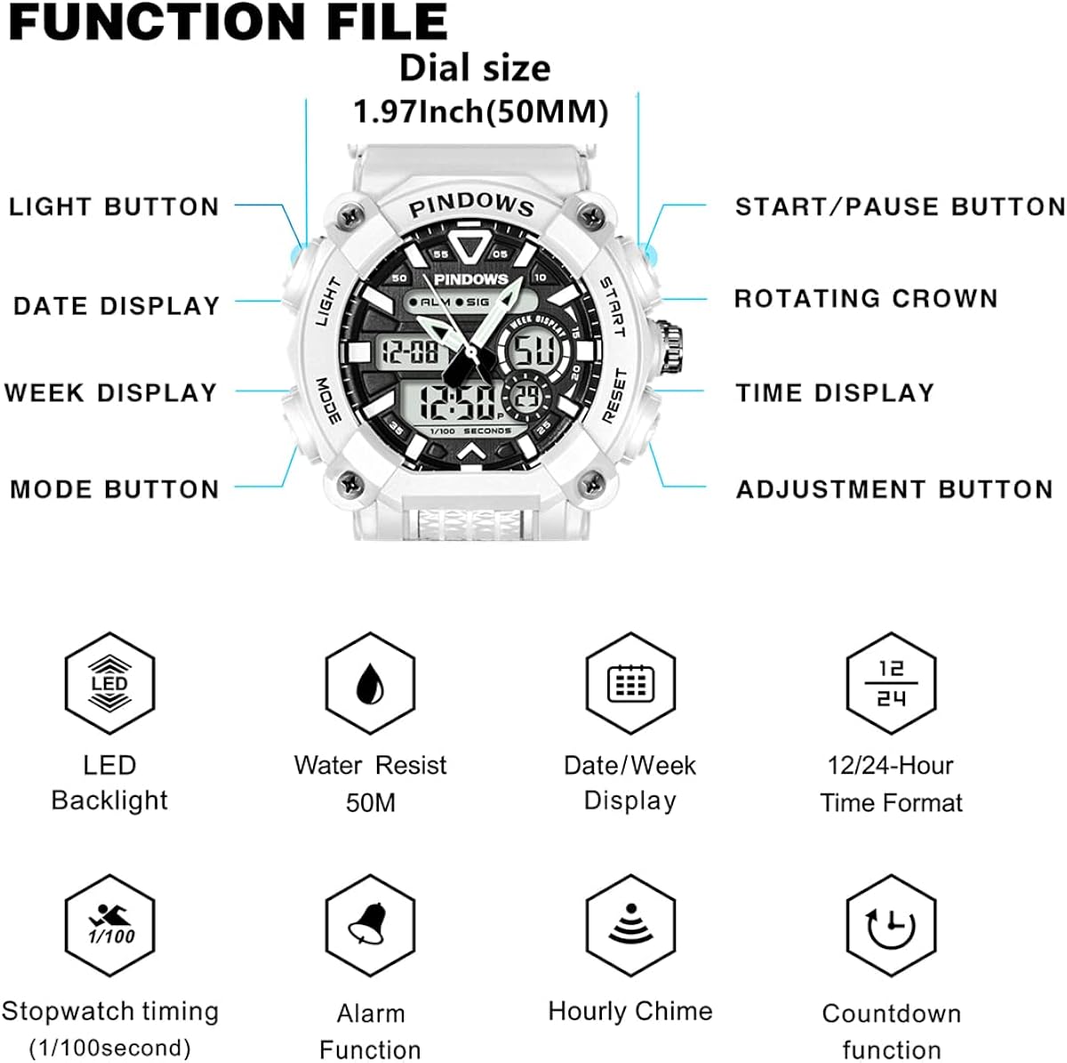 PINDOWS Men Digital Watch for Men Watch Sport Watch Teenagers Watch Digital Analog Dual-Display Watches with Light Alarm Waterproof Date Stopwatch Dual-Time Multifunctional Wrist Watches - Image 3
