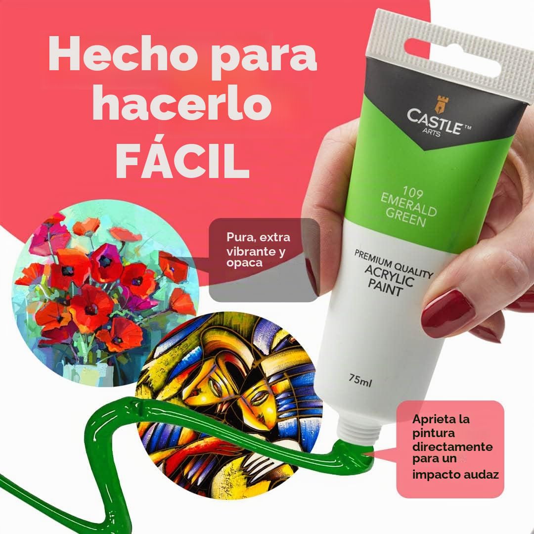 Castle Art Supplies Set de 12 Tubes de Peinture Acrylique de 75 ml | Économique pour Débutants ou Artistes | Couleurs Intenses | Application Homogène, Diverses Surfaces | Boîte de Présentation Robuste