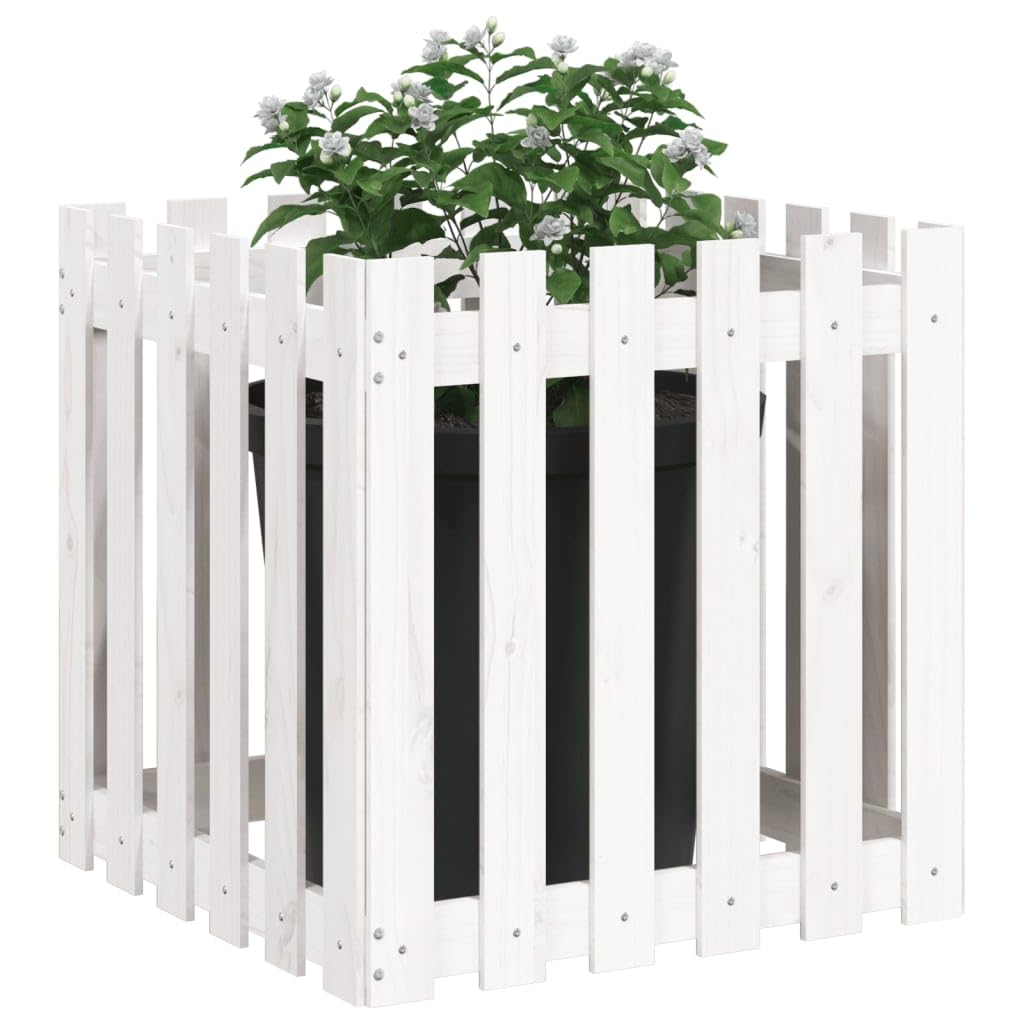 Pflanzkübel Lattenzaun-Design 60x60x60 cm aus Massivholz Kiefer WeiÃŸ mit viel Platz für Kräuter und Blumen Modernes Gartenregal für Terrasse Balkon und Hofgarten