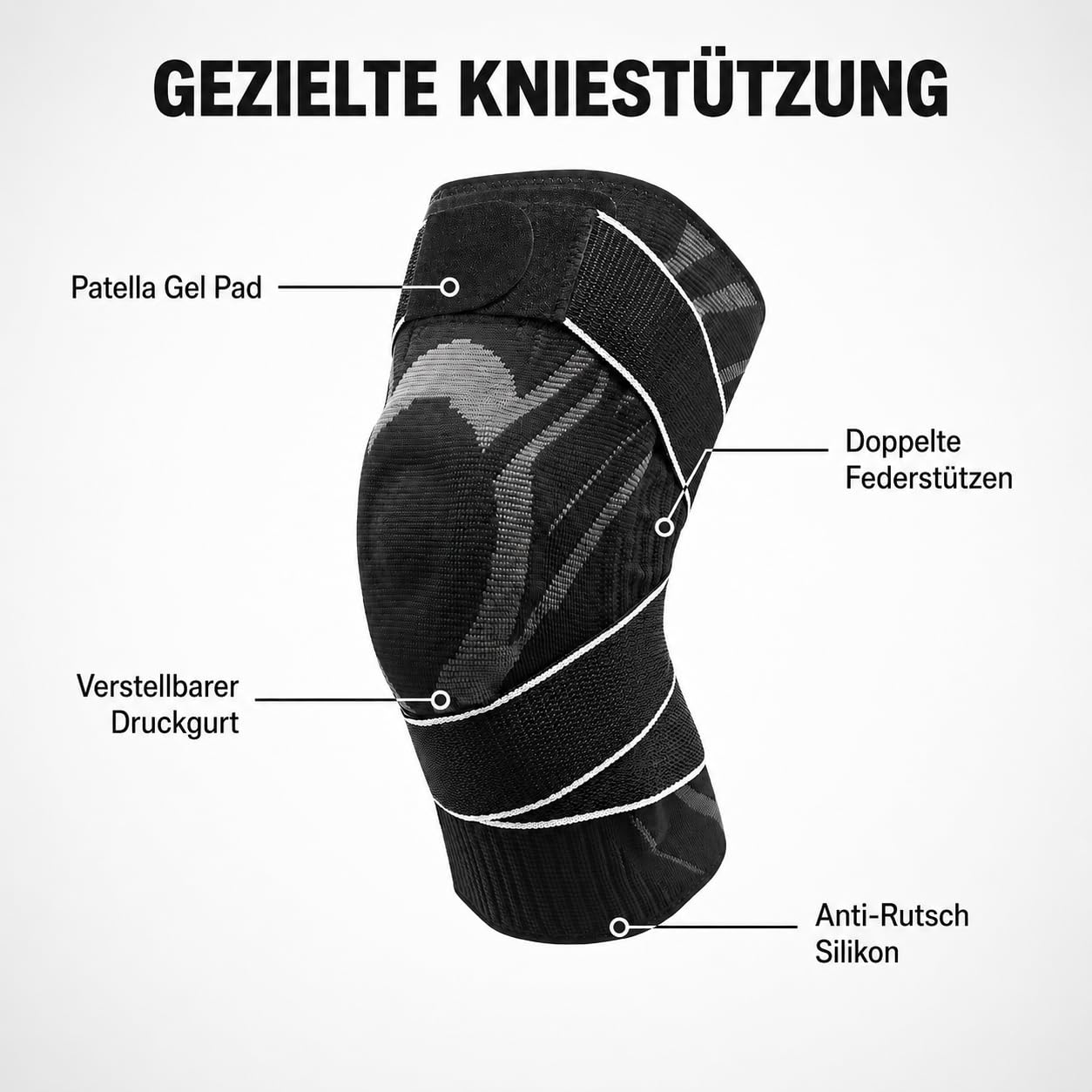 Anaconda Knee Brace Mit Drehverschluss, Einstellbare Kniebandage Mit Seitlichen Federn und Gel Patella Polster, Rutschfeste Kompressionsbandage Für Sport und Alltag (Schwarz,L)