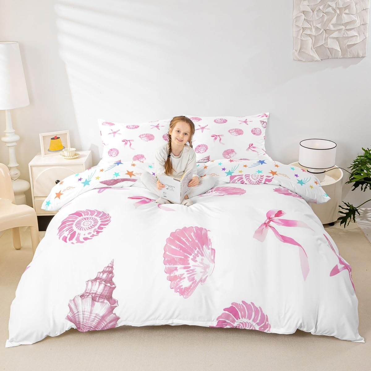 Homewish Set di biancheria da letto per letto super king size, motivo: vita marina costiera, con fiocco, conchiglie, stelle marine, per bambini, donne, ragazze, set di biancheria da letto subacquea