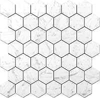 Vista 8 de STICKGOO Salpicaduras para pegar y pelar para la cocina, azulejos autoadhesivos hexagonales de mosaico (10 hojas, mármol blanco con metal dorado)