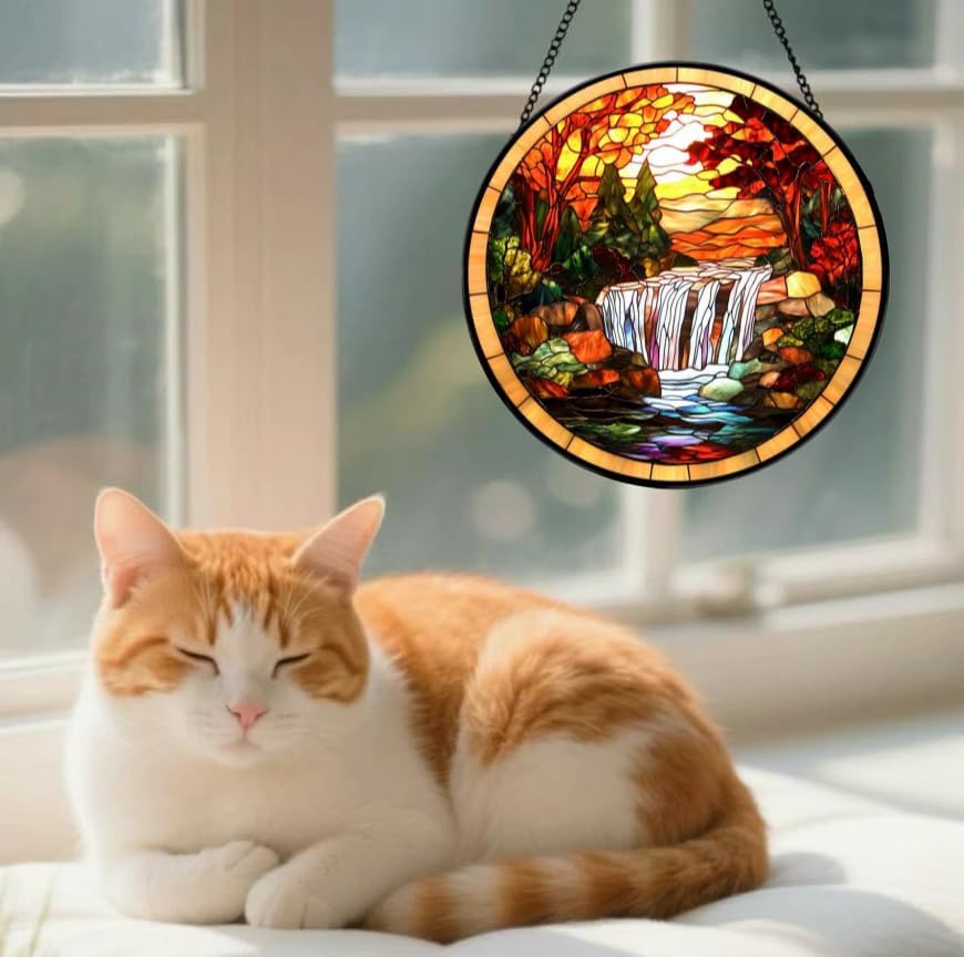 Stained Glass Suncatcher - Autumn Waterfall Design