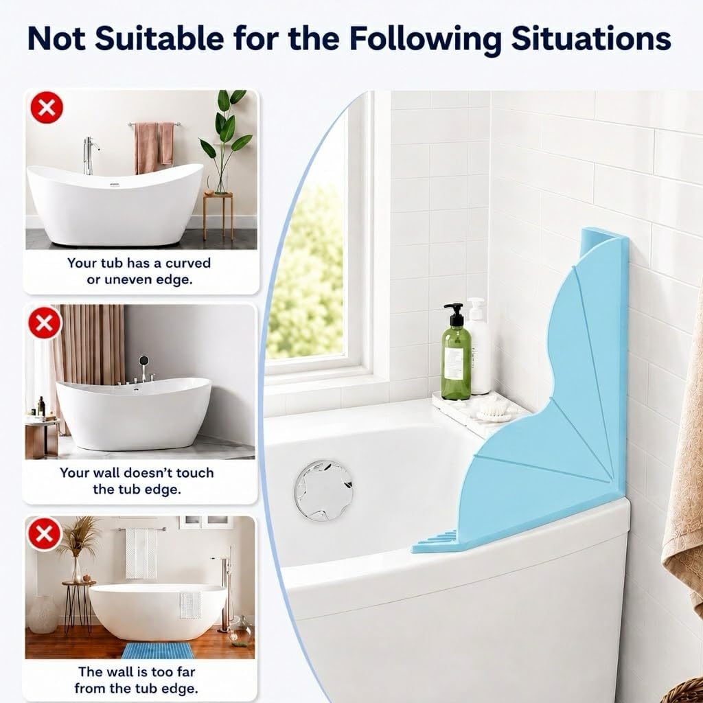 3-Piece No-Adhesive Silicone Large Shower Splash Guards with Strong Suction Cups,Splash Guard for Bathtub with One-Piece Design, Leak-Proof Seal, Reusable&Easy Removal, Keeps Floor Dry,Blue