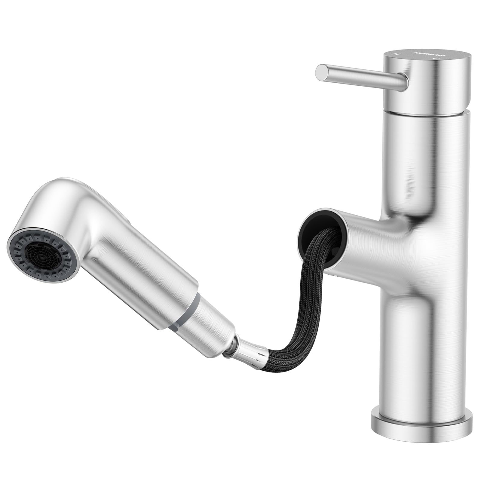 HURRAN Grifo de Baño con Cabezal Extraíble, Monomando para Lavabo con 2 Modos, Grifo para Fregadero de Uso General, Acero Inoxidable, Niquelado Cepillado