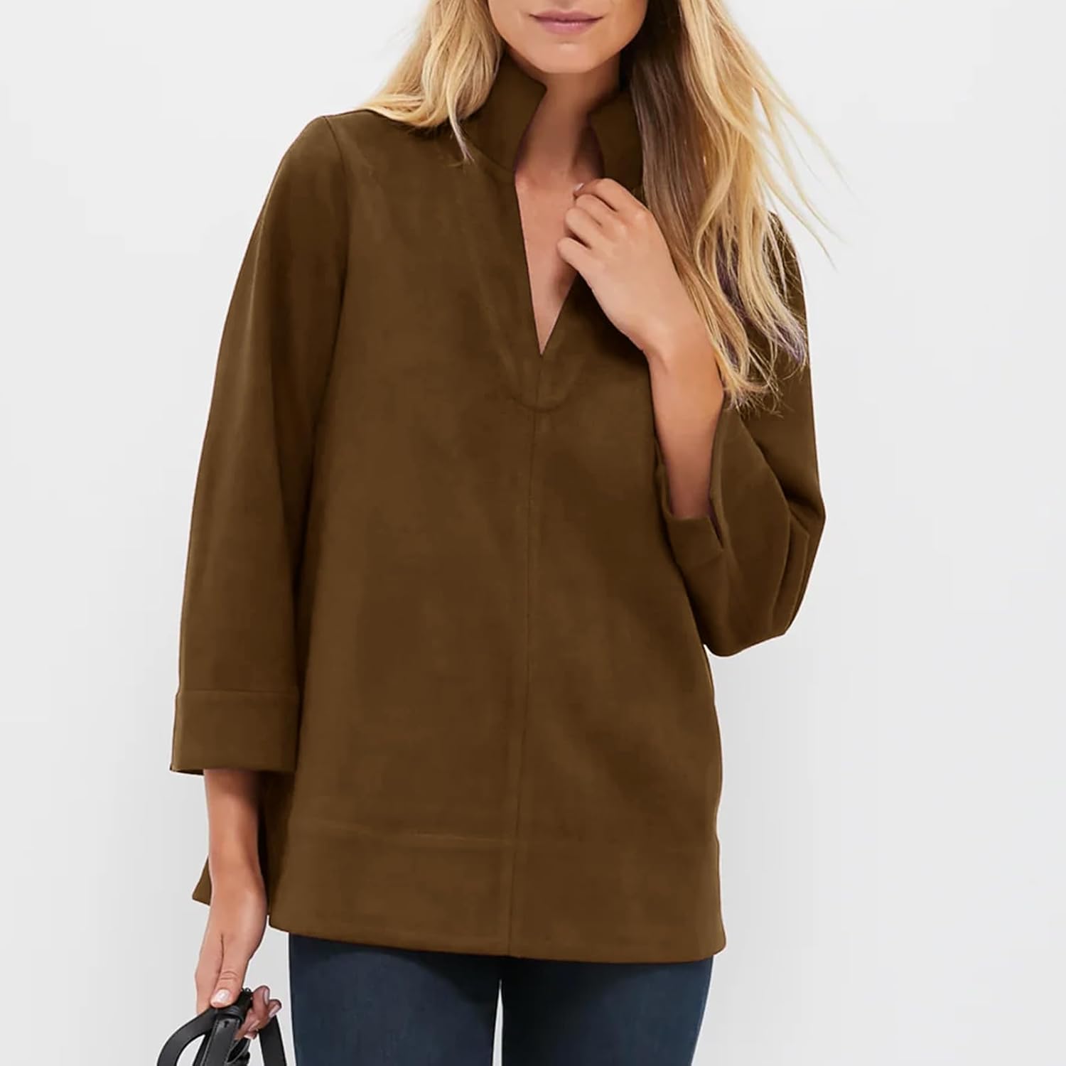 Women's Faux Suede Tunic Tops V Neck 3/4 Sleeve Stand Collar Shirts Dressy Trendy Blouses Casual Daily Wear - Image 3