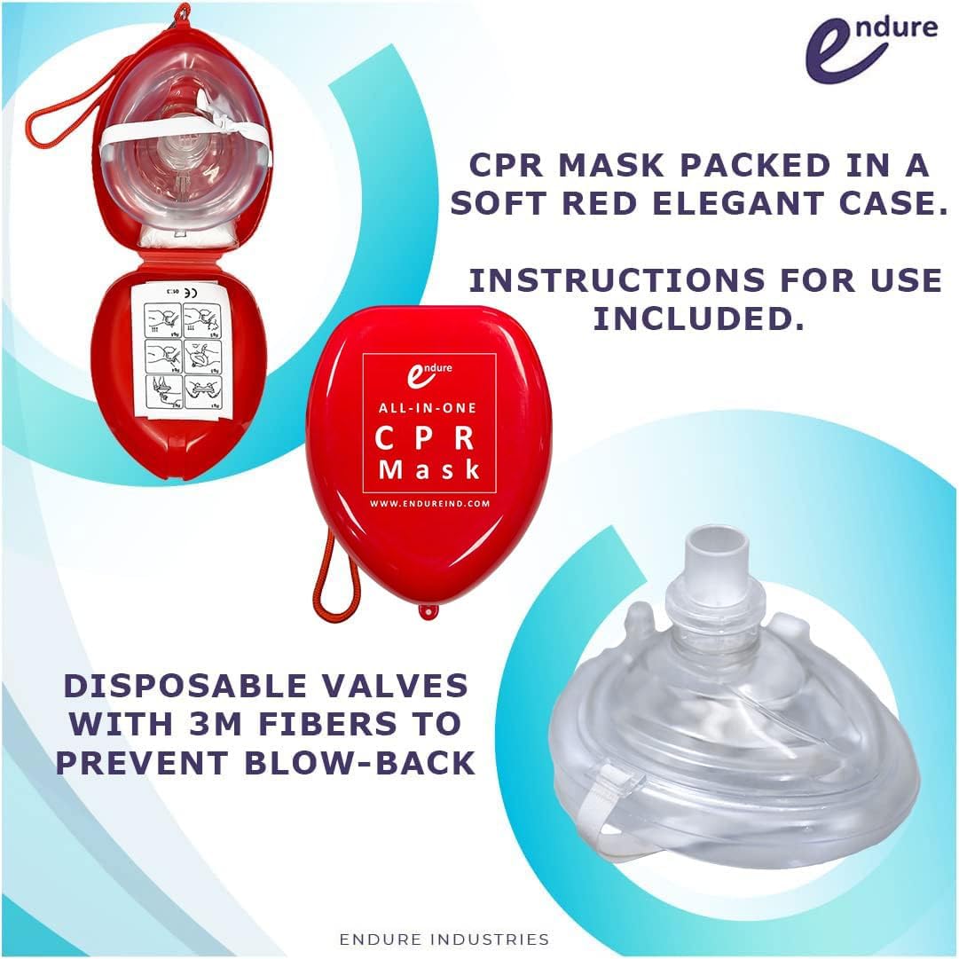 Endure Adult CPR Mask and Kit, First Responder Kit in a Red Soft Case with Mask, Two PVC Gloves and Two Alcohol Prep Pads (60)