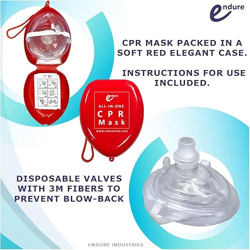 Miniatura 2 de Endure Máscara y kit de RCP para adultos, kit de primeros auxilios en una funda suave roja con máscara, dos guantes de PVC y dos almohadillas de