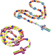 2 Pieces Colorful Rosary Prayer Beads for Kids with Velvet Gift Bag for Christmas, Easter and Catholic Baptism