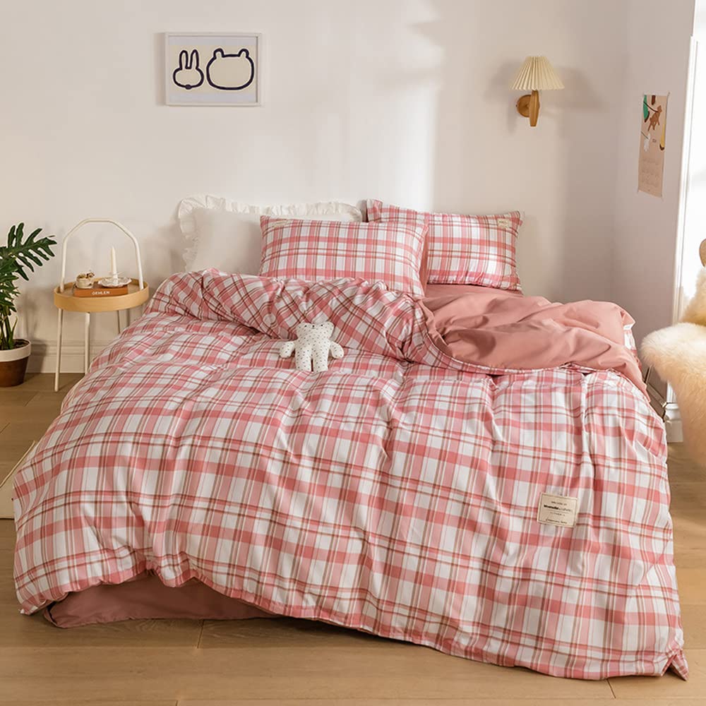 Checker Duvet Cover Set, Strawberry Red Check Plaid Pattern Printed, Soft Microfiber Inner Fill Bedding (4pcs, Full 78''x90'')