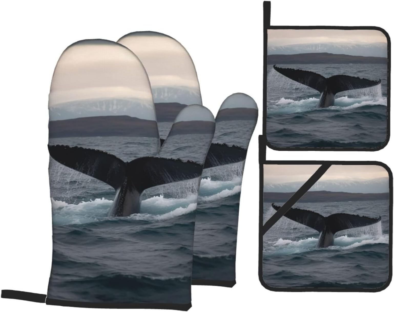 4pcs Oven Mitts and Pot Holders High Heat Resistant Kitchen Oven Gloves Humpback Whale Tail Ocean Print Potholders Non-Slip BBQ Gloves Hot Pads for Grilling Cooking Baking, Black