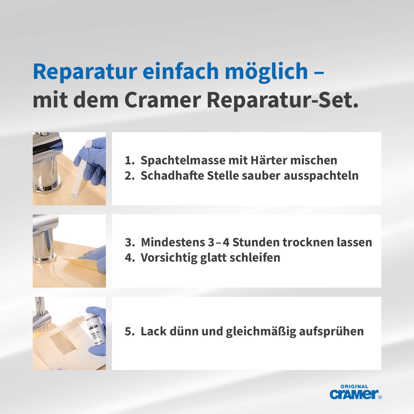Cramer Reparatur-Set für Keramik, Emaille & Acryl, Bahama-Beige, CRA16250DE, bei Abplatzungen & Kratzern, Set: 2-Komponenten-Spachtelmasse, Härter, Reparaturlack, Spachtel, Schleifmittel, 66105 8