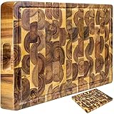 XL Acacia End Grain Wood Cutting Board (20x15x1.5in) Acacia Wooden Cutting Board, Butcher Block, Chopping Board - Reversible Multipurpose For Kitchen with Juice Groove, Cracker Holder & Inner Handles.