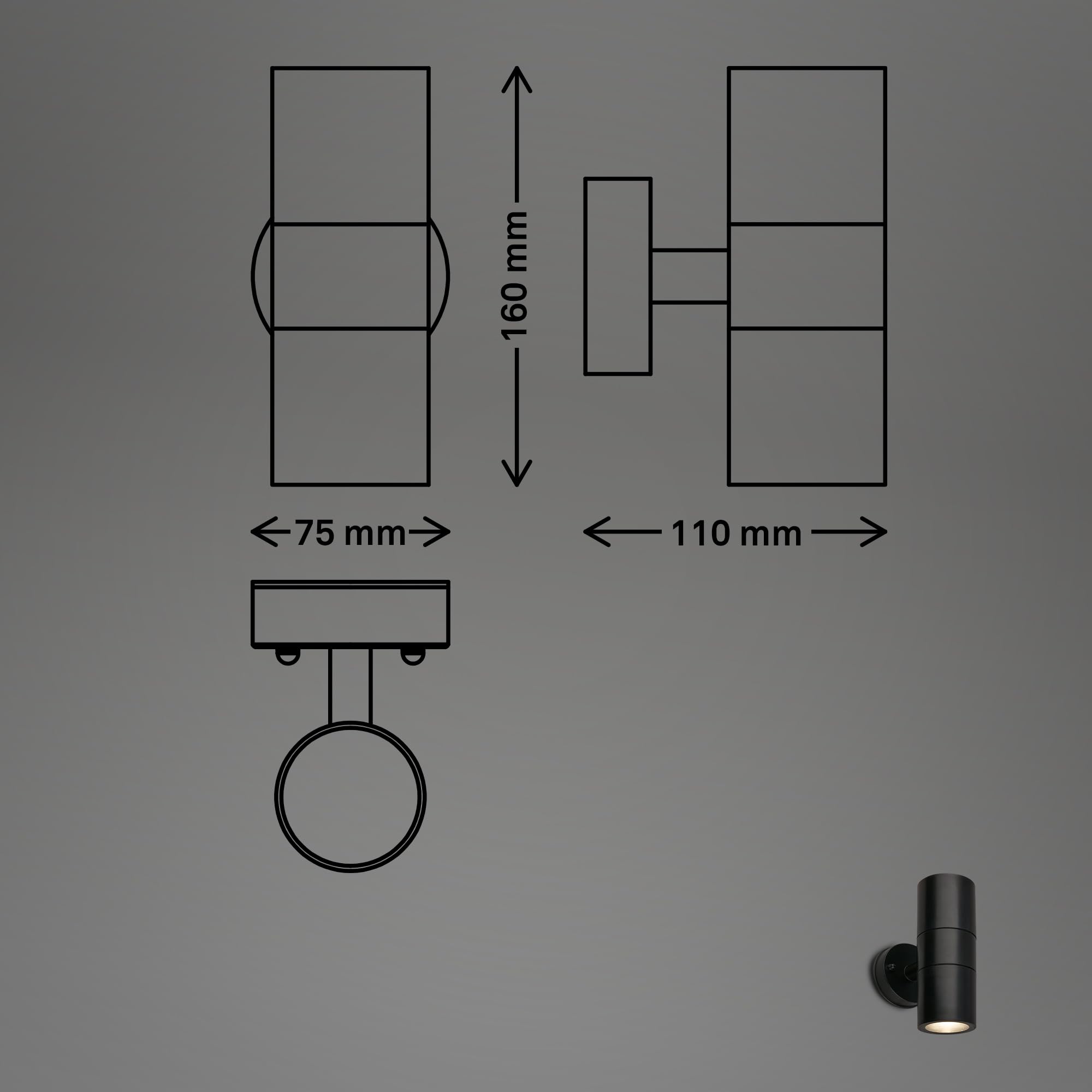 BRILONER - Zewnętrzna lampa ścienna IP54, ochrona przed bryzgą wody i kurzem, gniazdo GU10, max. 7W, lampa zewnętrzna, oświetlenie zewnętrzne, 16x7,5x11 cm, czarny