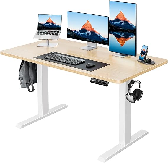 HUANUO 48" x 24" Electric Standing Desk Adjustable Height, 4 Memory Height Settings, Headphone Hook, Cable Manager, Sit Stand Up Desk for Home Office & Computer Workstation, Natural