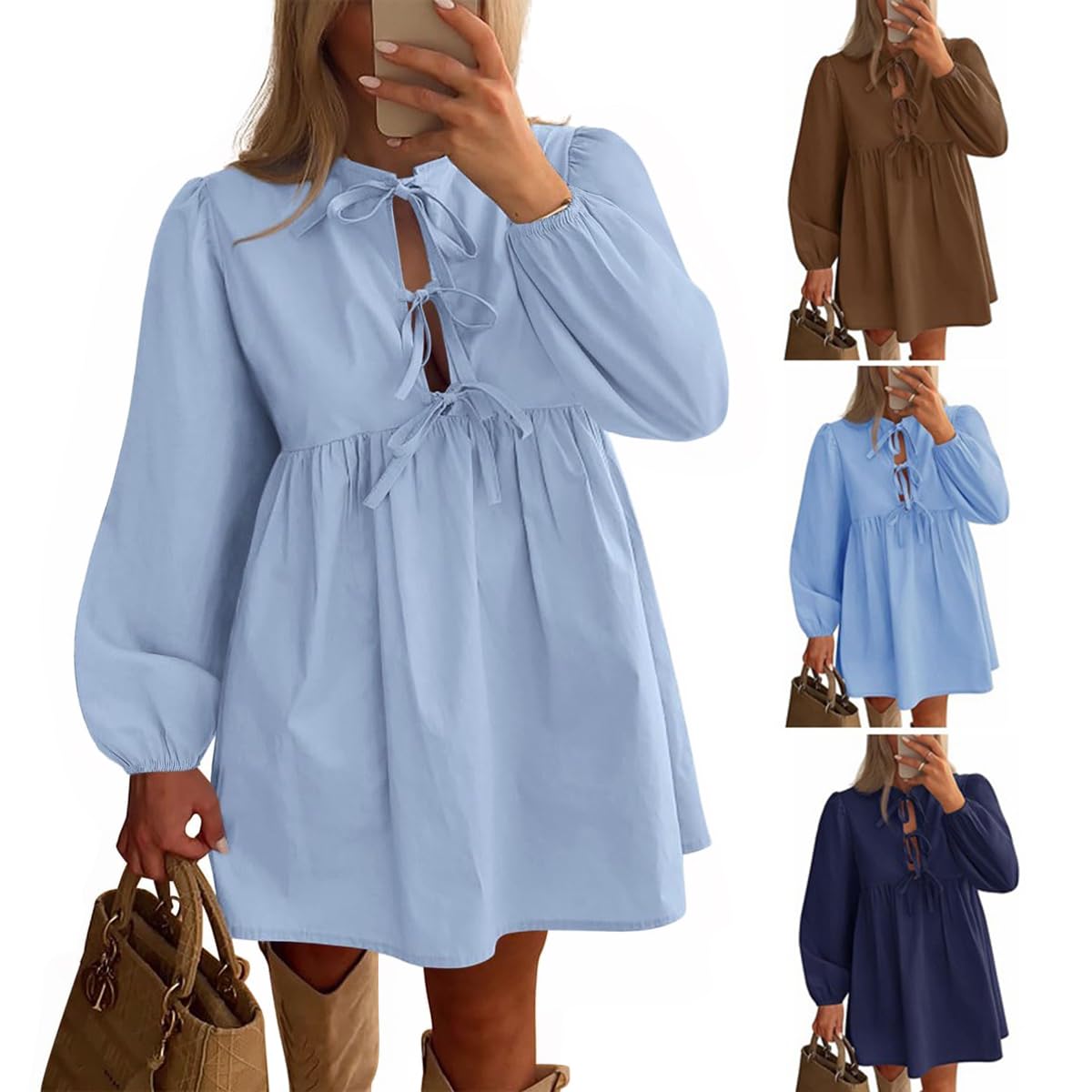 Mini Abito da Donna con Peplo e Fiocco a Maniche,Abiti Autunnali da Donna,Abito Corto con Volant a Trapezio, Grazioso Abito Tunica svolazzante, Grazioso Mini Abito Tunica (XL,Light Blue)