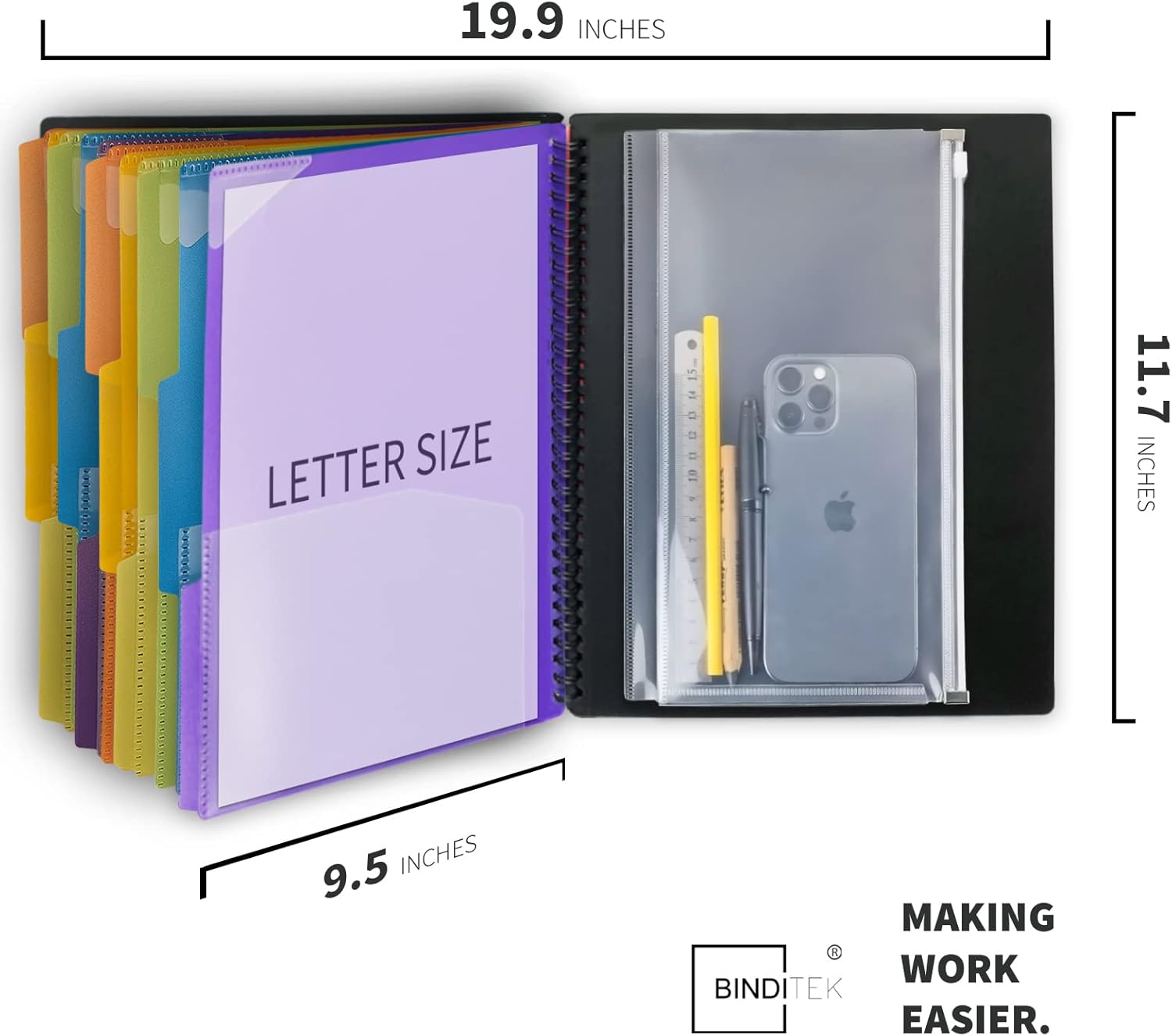 Binditek 2 Pack 24 Pocket Poly Project Organizer with 12 Dividers, Heavyduty Folder with Customizable Front Cover, Metal Wire Binding Spine, Extra Zipper Pouch, Letter Size, Office School Supplies