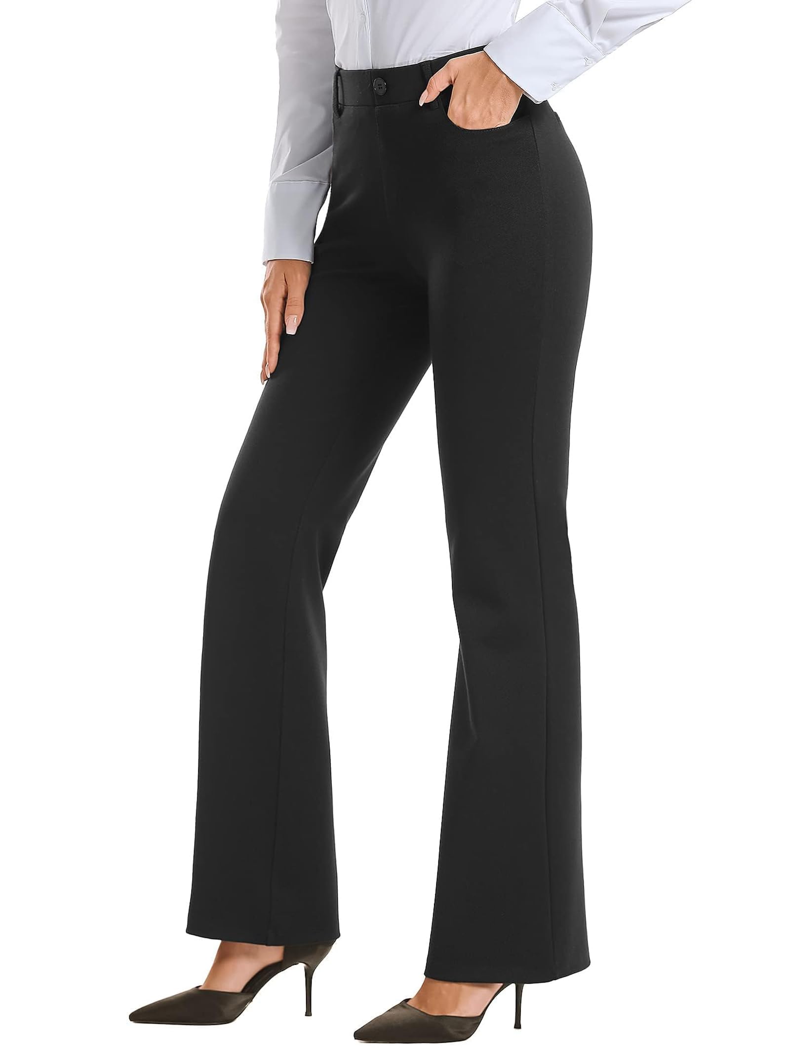 Womens High Waisted Bootcut Dress Pants - Business Casual Work Trousers with Pockets Pull On Office Slacks