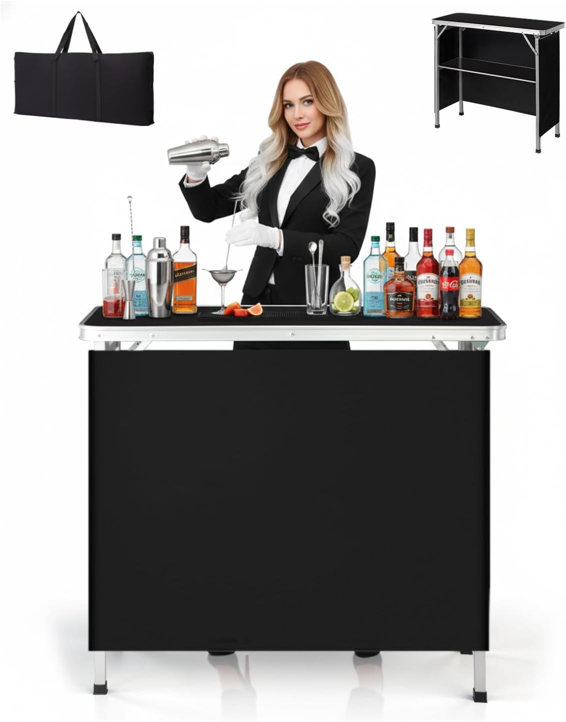 Outvita Portable Bar Table, Outdoor Folding Mobile Bar Counter with 2 Tier Shelves and Black Skirt for Wedding Party Birthday Commercial Activity Musical Festival 39 "L x 34" H