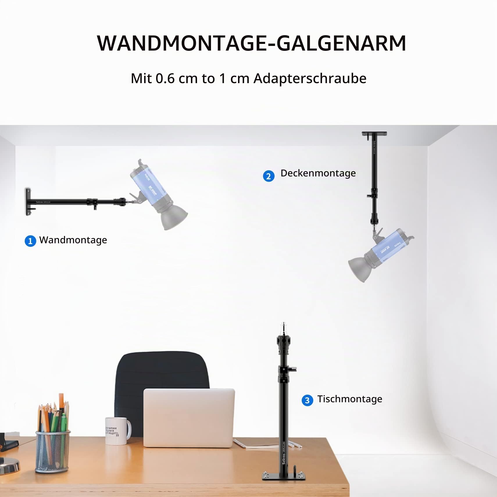 Selens 2 Stück Wandmontage Ausleger Boom Arm 35-55CM, Fotografie Wand Deckenmontage Arm Einstellbare Länge mit 3/8" 1/4" Gewinde Universal Adapter für Fotostudio Videoleuchten Regenschirme Reflektoren