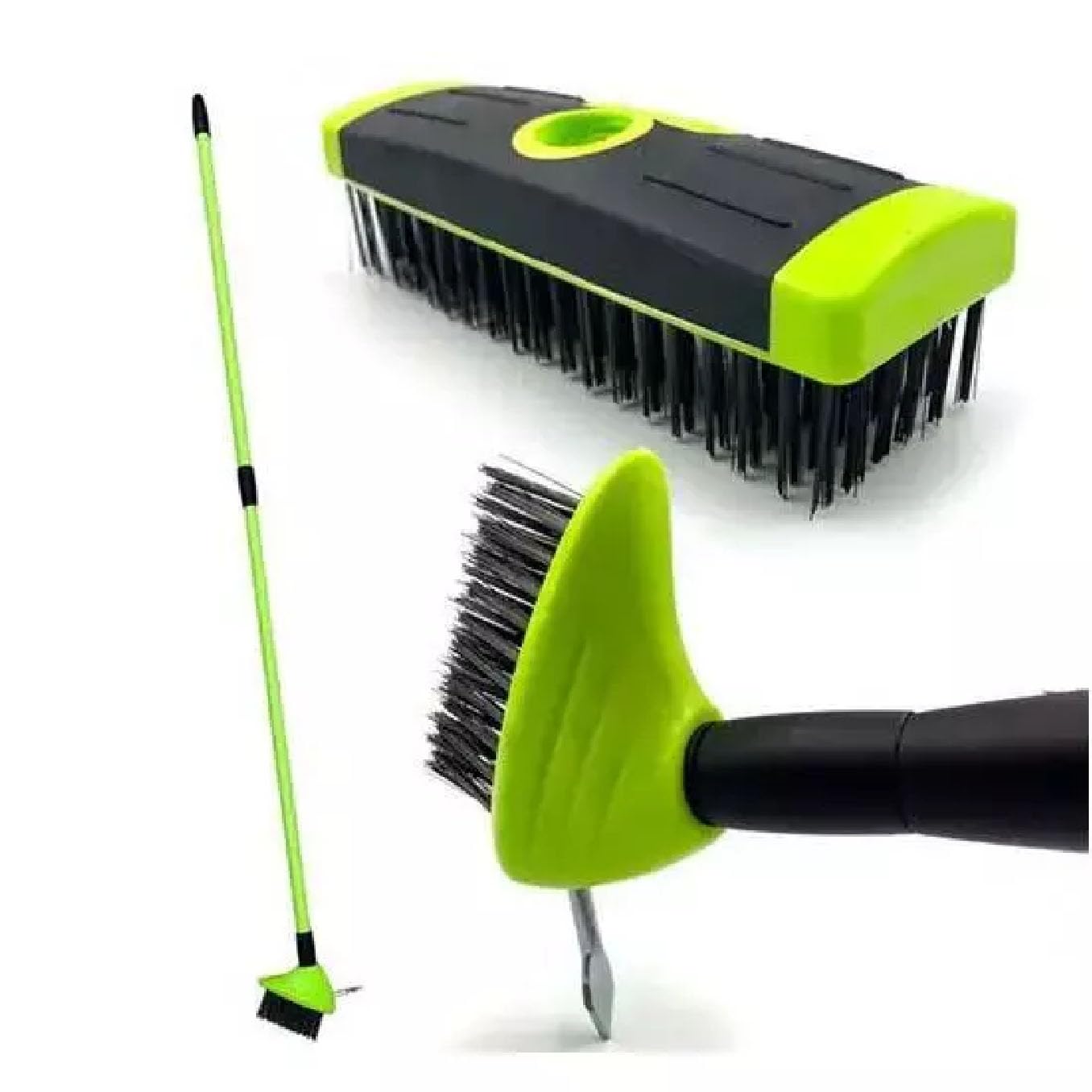 Faboer Green 3 In 1 Telescopic Weed Remover Brush Wire Head Paving Decking Clean Scrub Moss Weed Remover Tool Wire Brush Scraper Set With Metal Broom & Weed Removal Head (Green)