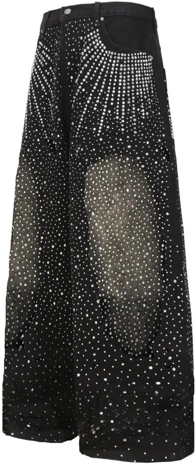 LAFOURAM Rhinestone Jeans for Women High Waist Wide Leg Trendy Bedazzled Bling Sparkly Glitter Jeans