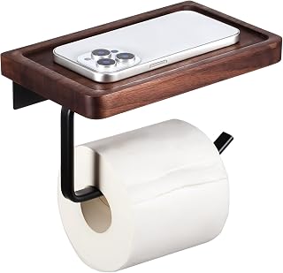 Toilet Paper Holder with Wood Shelf, Wooden Wall Mount Adhesive Toilet Paper Roll Holder for Hanging Roll Tissue, Place Phone, Aromatherapy for Bathroom, Washroom