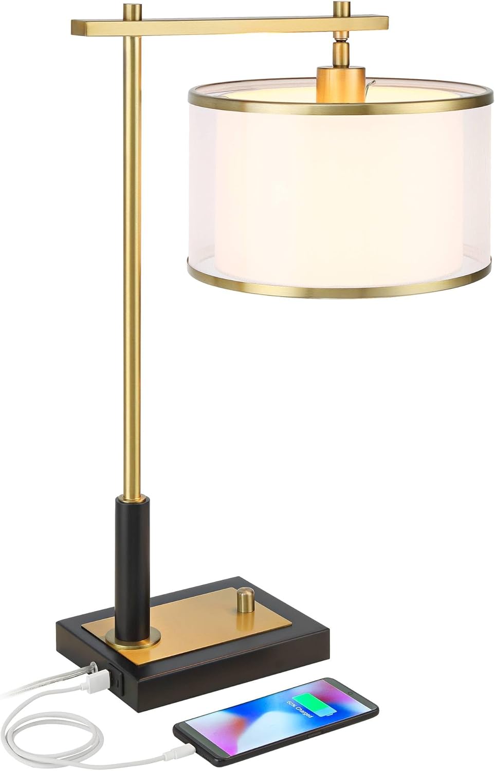 Possini Euro Design Hayven 23 1/2" High Small Mid Century Modern Glam Luxe Desk Lamp with USB Charging Ports A+C Black Warm Gold Metal Single Shade Home Office Living Room Charging Bedroom Bedside