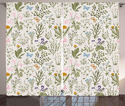 Ambesonne Floral Curtains, Vintage Garden Plants with Herbs Flowers Botanical Classic Design, Living Room Bedroom Window Drapes 2 Panel Set, 108 X 96, Pink Blue