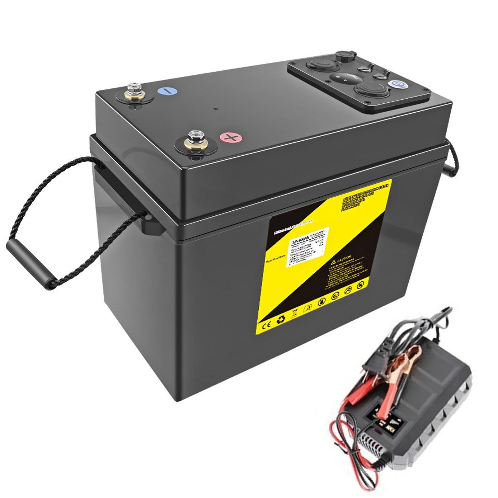 Batería Litio LiFePO4 12V 300AH con Pantalla energía y Cargador Integrado, BMS 100A Potencia máxima 3840W más 4000 ciclos para RV, Autocaravana energía Solar y Fuera de la Red