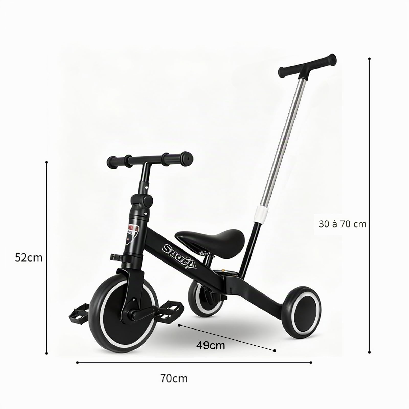 5-en-1 Tricycle Évolutif, Vélo Bébé Multifonction Réglable de 1,5 à 4 Ans, Vélo sans Pédales - Tricycle avec Poignée de Poussée, Siège Réglable, Pédales Amovibles/Noir
