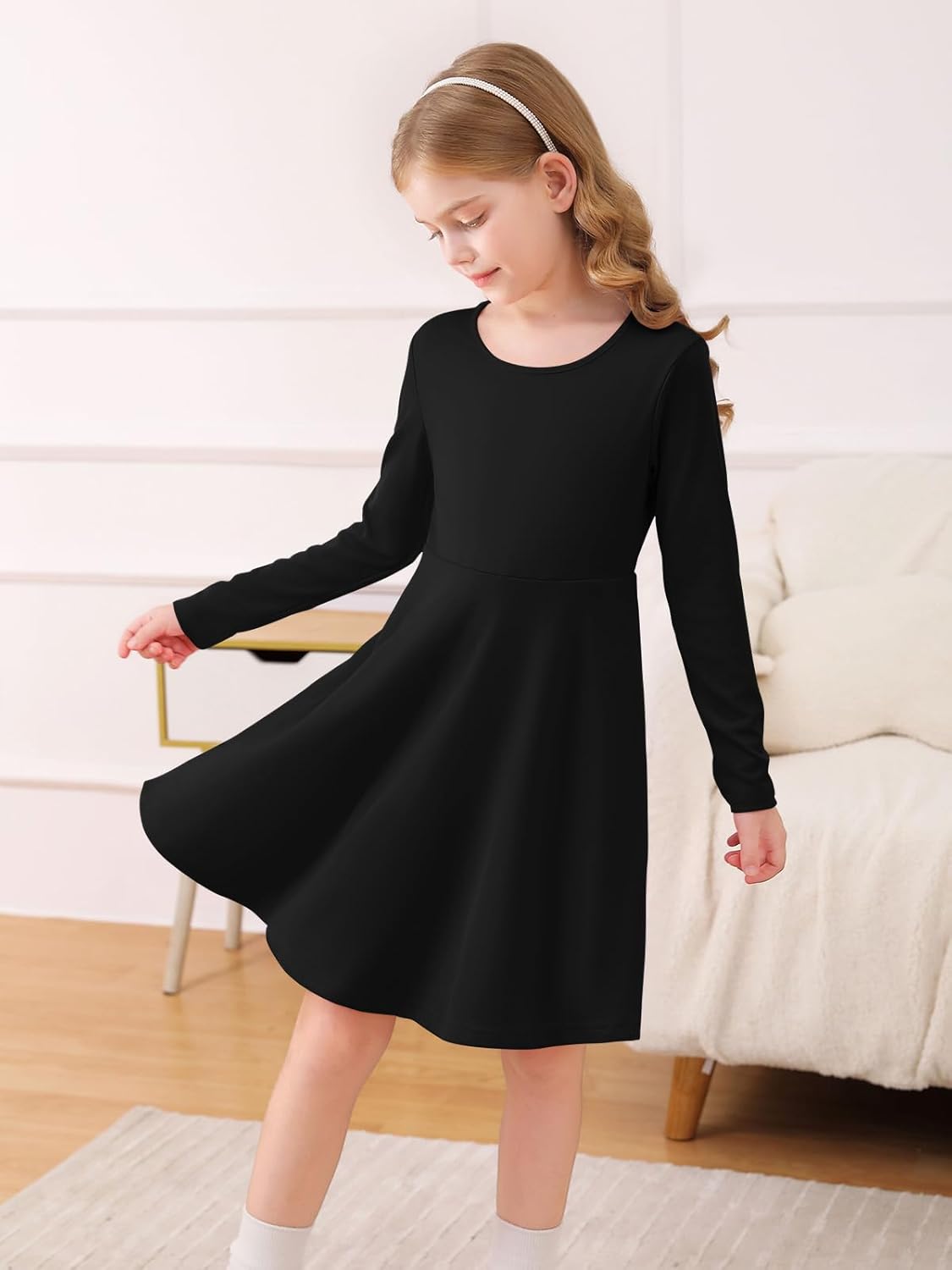 Haloumoning Girls Long Sleeve Skater Dress Kids Casual Crewneck A-Line Flowy Fall Dresses 5-14 Years - Image 3