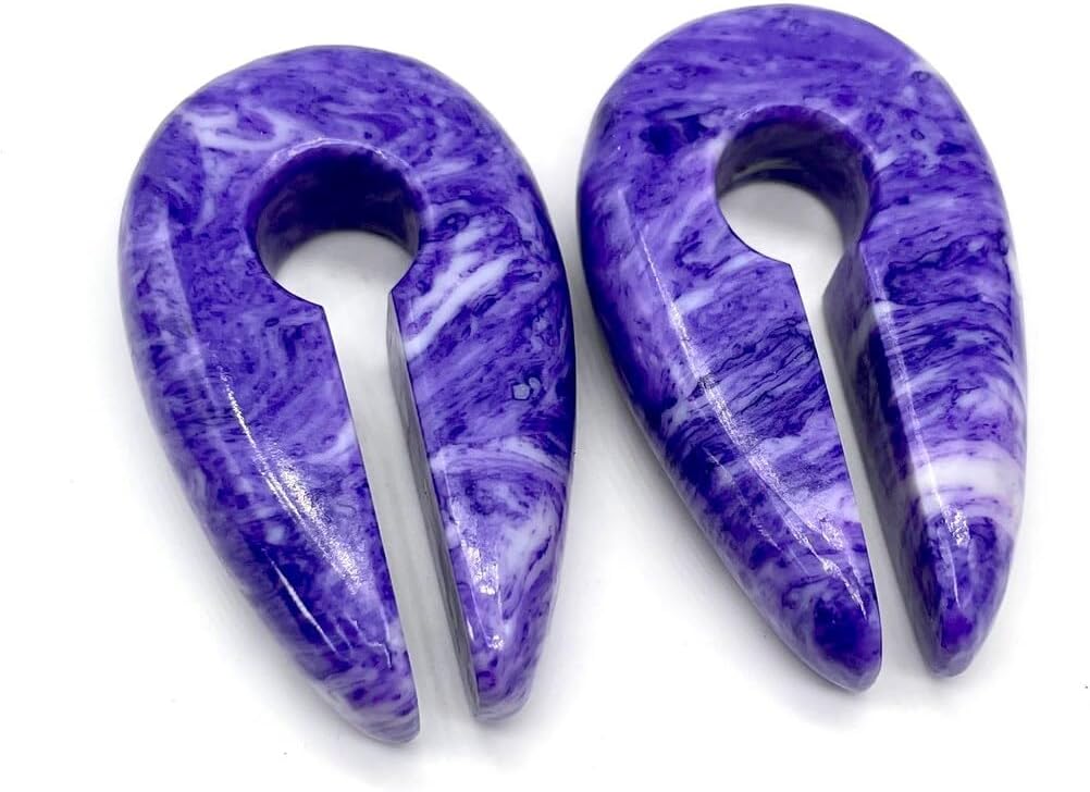 Charoite Stone Ear Weights Keyhole Hangers – Handmade Purple Stone Stretched Ear Gauges Plugs – Tribal Saddle Weights Body Piercing Jewelry for Men & Women (Pair)
