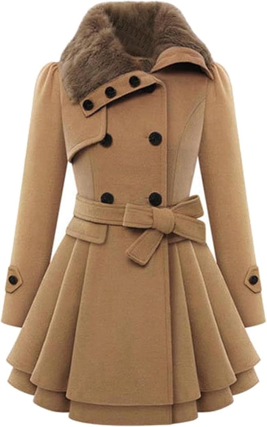 Sexyshine Women's Winter Faux Fur Lapel Double-Breasted Trench Coat A-Line Thick Slim Flared Wool Blend Pea Coat Jacket