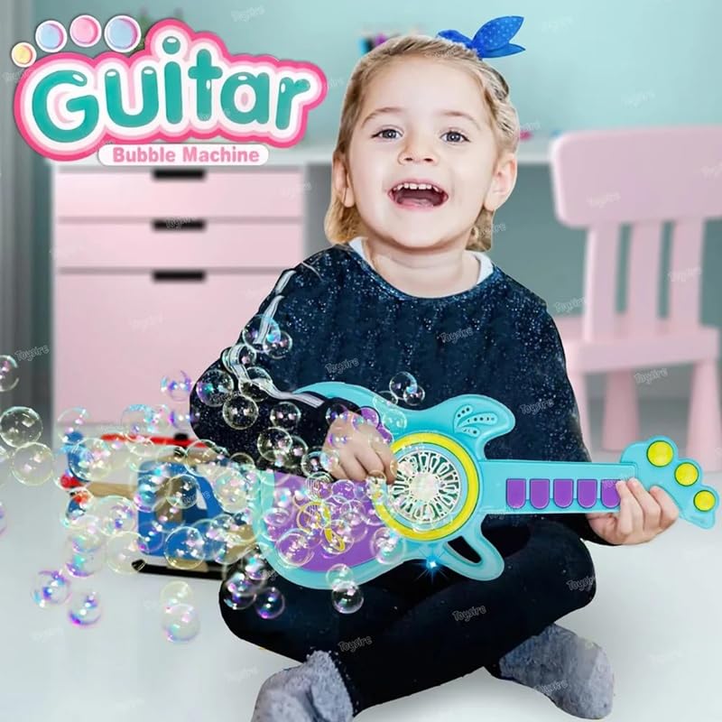 Image of Rechargeable Bubble Guitar Toy for Kids | Electric Automatic Bubble Machine Musical Guitar with Lights | USB Rechargeable Bubble Blower with Bubble Solution | Outdoor Summer Toy Gift for Kids