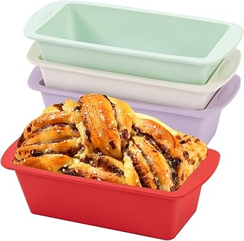 Mini Silicone Bread Loaf Pan, Non-Stick Bread Pans for Baking,Flexible Silicone Baking Molds for Bread, Cake, Meatloaf Size 7.5L x 3.7W x 2.1H 4PCS-Red+Green+White+Purple