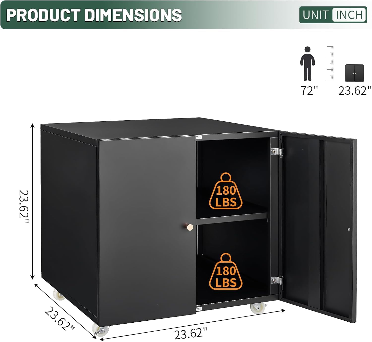 Printer Stand with Storage Cabinet with Wheels,3D Heavy Duty Metal Large Printer Table with Adjustable Shelf for Home Office, Mobile Printer Cart,Black,23.6" H